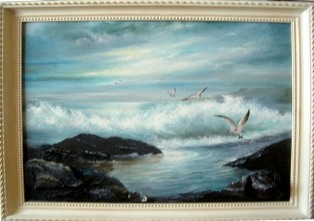 Морской вид с чайками. Картина с шунгитом размер 60х40 цена 20000 рублей